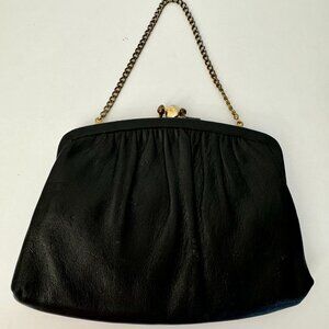 Liebermanns Lansing Michigan Black Leather Evening Clutch Dainty Gray Gold Chain